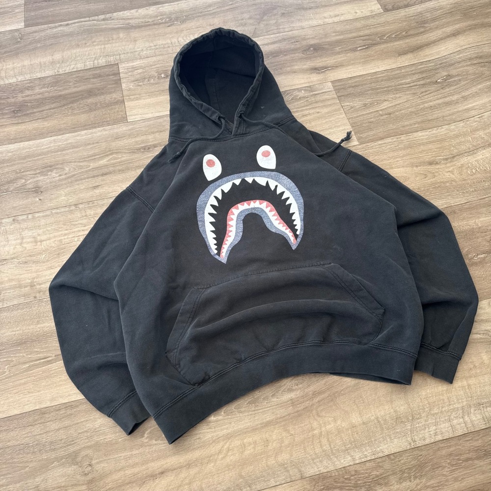 BAPE A Bathing Ape Shark Face Pullover Hoodie Faded Black Streetwear Mens XL